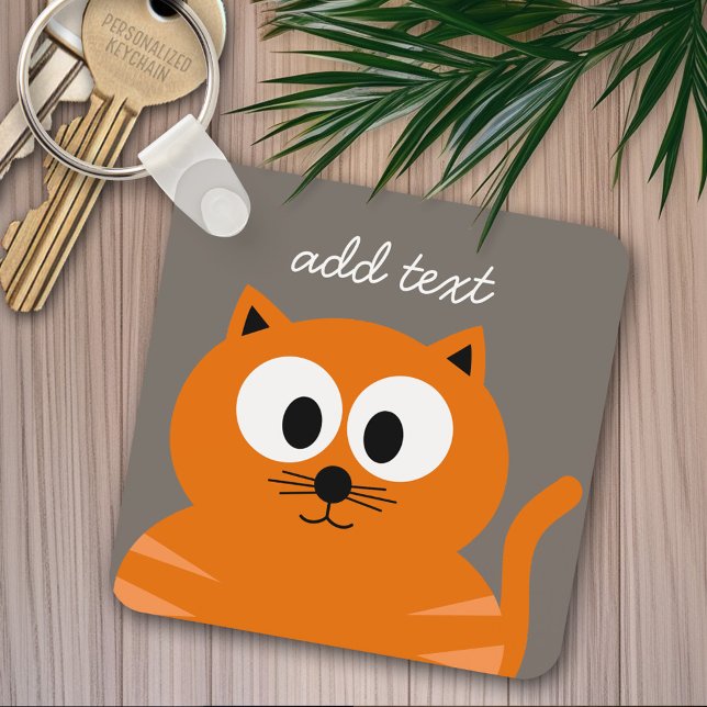 Cute Orange Fat Cat with Taupe Personalized Key Ring (Personalized keychain - add name)