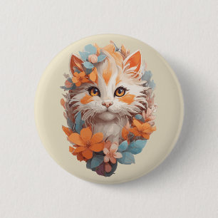 Cute Orange Floral Kitty Cat 6 Cm Round Badge
