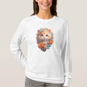 Cute Orange Floral Kitty Cat T-Shirt