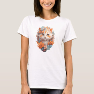 Cute Orange Floral Kitty Cat T-Shirt