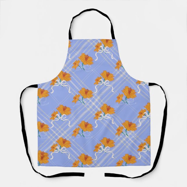 Cute Orange Flower Seamless on Plaid Blue Apron (Front)