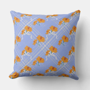 Cute Orange Flower Seamless on Plaid Blue Cushion