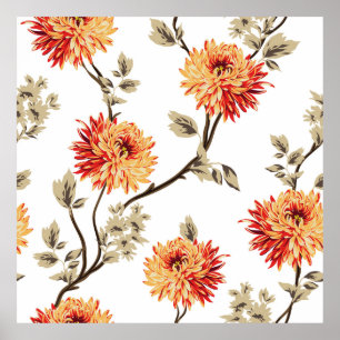 cute orange flowers with brown leaves pattern of w poster