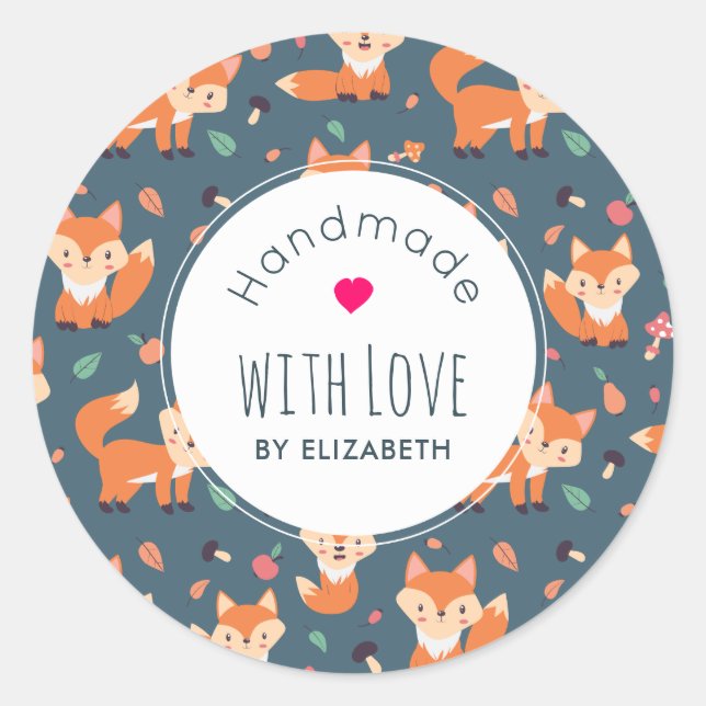 Cute Orange Fox Animal Pattern Handmade with Love Classic Round Sticker (Front)