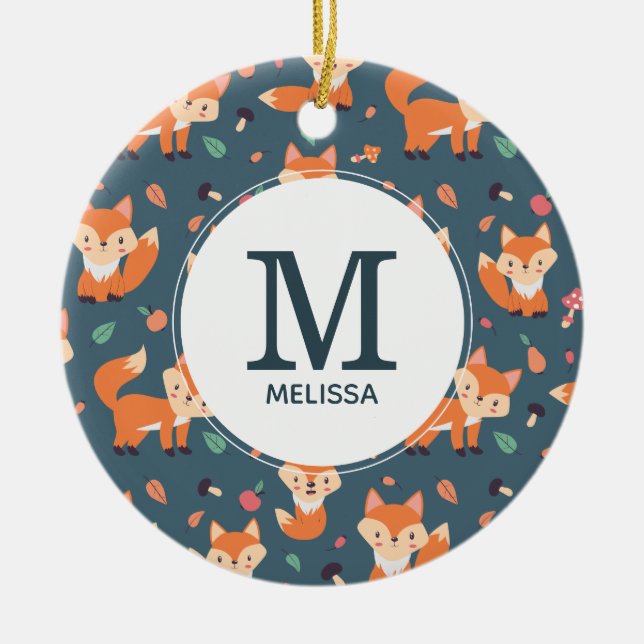 Cute Orange Fox Animal Pattern Monogram Ceramic Tree Decoration (Front)