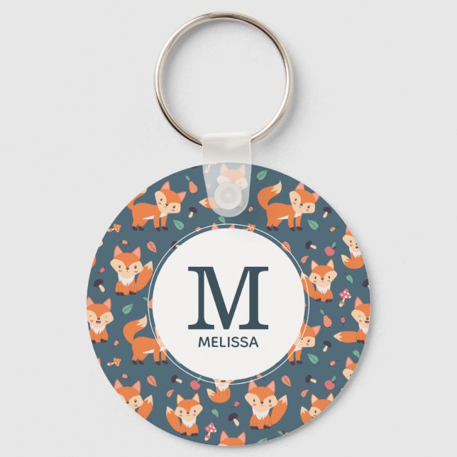 Cute Orange Fox Animal Pattern Monogram Key Ring (Front)