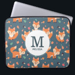 Cute Orange Fox Animal Pattern Monogram Laptop Sleeve<br><div class="desc">Personalised laptop sleeve with a pattern made with cute and happy orange foxes. Dark green background. Little mushrooms and leaves sprinkled about.
A white circle layered over top with your name and monogram initial inside.</div>