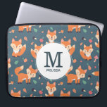 Cute Orange Fox Animal Pattern Monogram Laptop Sleeve<br><div class="desc">Personalised laptop sleeve with a pattern made with cute and happy orange foxes. Dark green background. Little mushrooms and leaves sprinkled about.
A white circle layered over top with your name and monogram initial inside.</div>