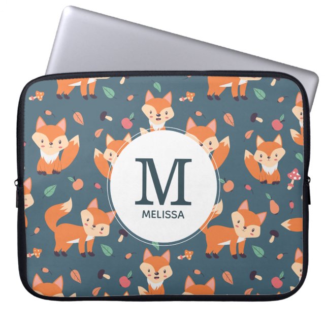 Cute Orange Fox Animal Pattern Monogram Laptop Sleeve (Front)