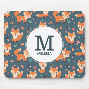 Cute Orange Fox Animal Pattern Monogram Mouse Mat