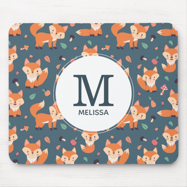 Cute Orange Fox Animal Pattern Monogram Mouse Mat (Front)