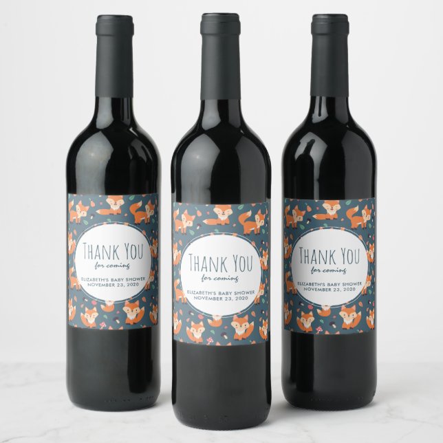 Cute Orange Fox Animal Pattern Thank You Wine Label (Bottles)