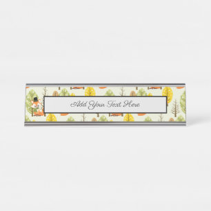 Cute Orange Fox Autumn Trees Forest Hipster Desk Name Plate