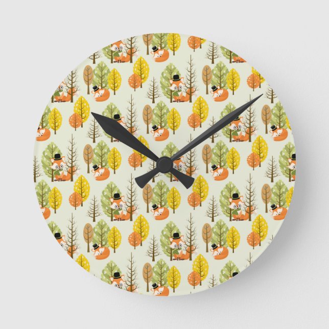 Cute Orange Fox Black Hat Nerd Hipster Glasses Fox Round Clock (Front)