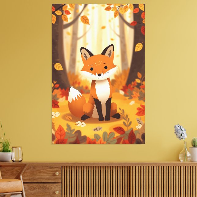Cute orange fox in autumn forest nursery forest ar canvas print (Insitu(LivingRoom))