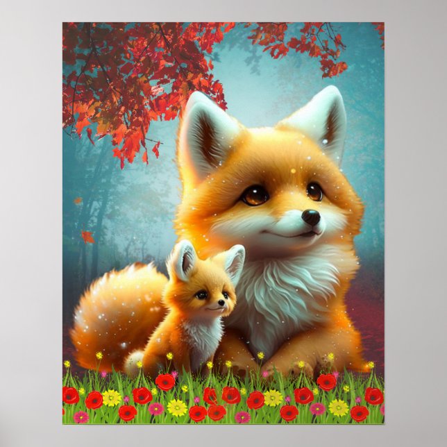 Cute Orange Fox Mum and Baby  Art Nursery Poster (Front)
