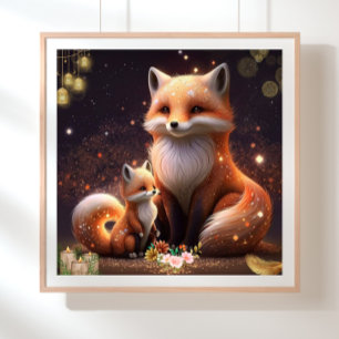 Cute Orange Fox Mum & Baby Art Nursery Poster
