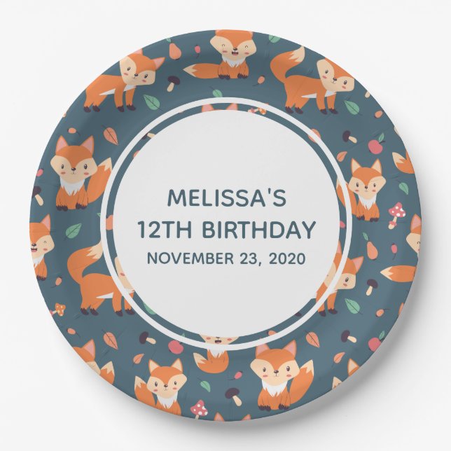Cute Orange Fox Pattern Birthday Paper Plate (Front)