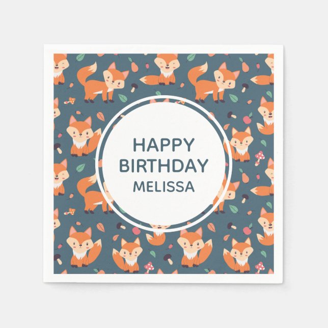 Cute Orange Fox Pattern Happy Birthday Napkin (Front)