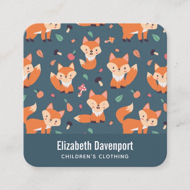 Cute Orange Fox Pattern Illustration Square Business Card (Front)