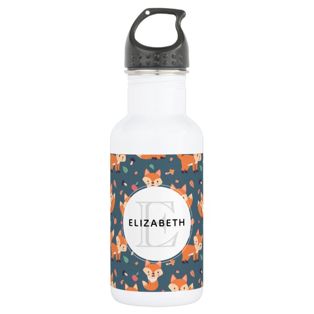 Cute Orange Fox Pattern Illustration with Monogram 532 Ml Water Bottle (Front)