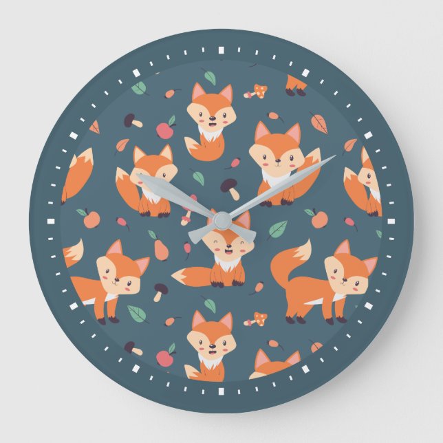 Cute Orange Fox Pattern Large Clock (Front)