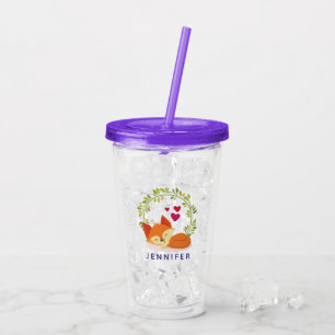 Cute Orange Fox, Red Hearts and a Green Wreath Acrylic Tumbler
