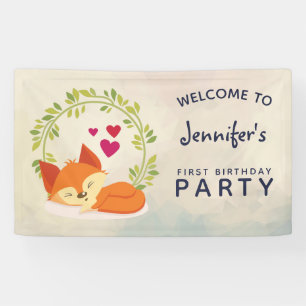 Cute Orange Fox, Red Hearts and a Green Wreath Banner