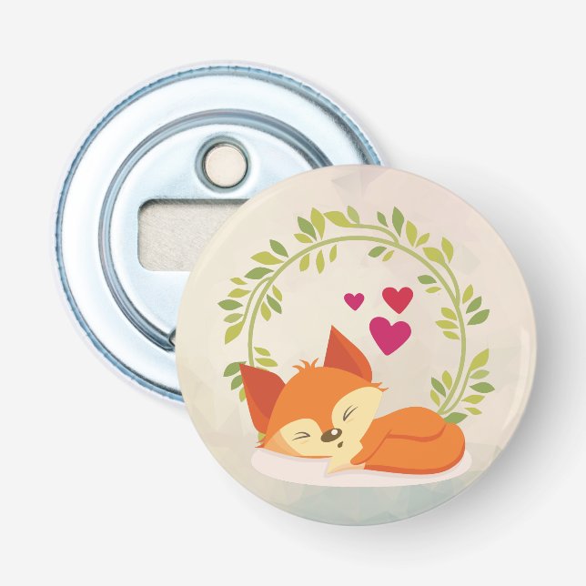 Cute Orange Fox, Red Hearts and a Green Wreath Bottle Opener (Front)