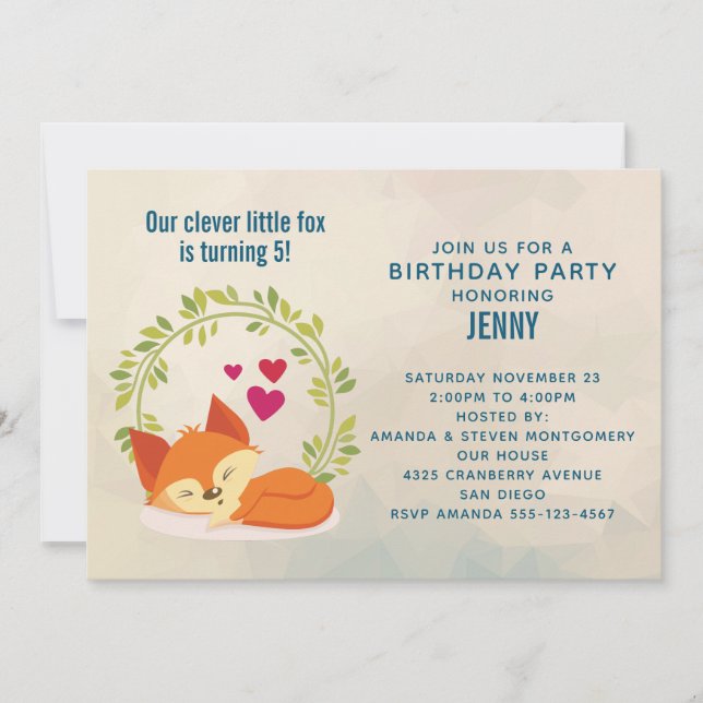 Cute Orange Fox, Red Hearts and Wreath Birthday Invitation (Front)