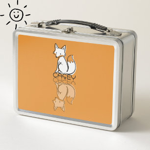 Cute Orange Fox Reflection Doodle Custom Name  Metal Lunch Box
