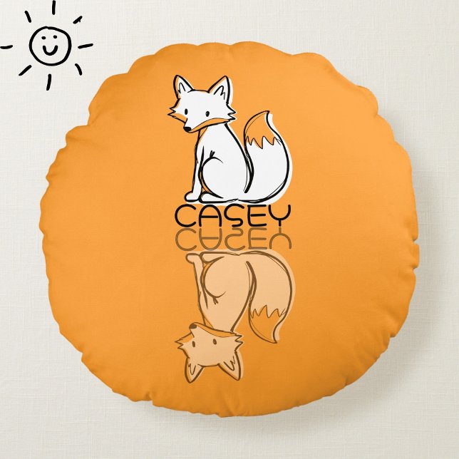 Cute Orange Fox Reflection Doodle Custom Name  Round Cushion (Creator Uploaded)