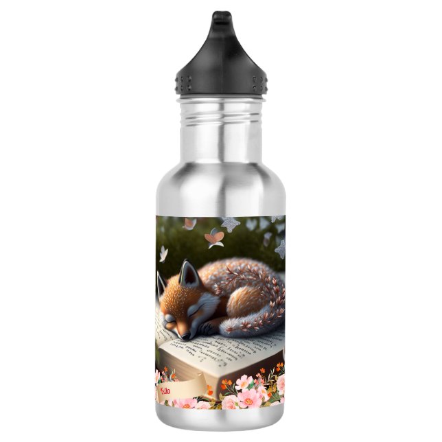 Cute Orange Fox sleeping on book personalised  532 Ml Water Bottle (Right)