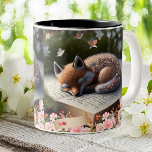 Cute Orange Fox sleeping on book personalised  Two-Tone Coffee Mug (Creator Uploaded)