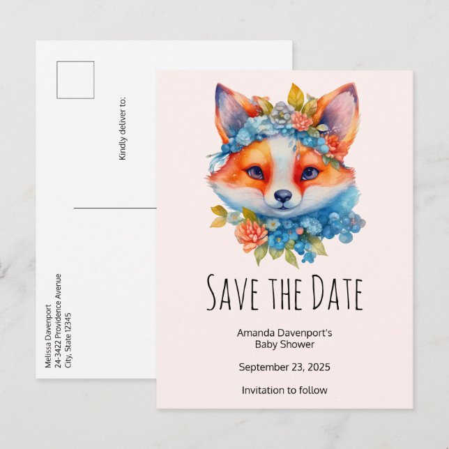 Cute Orange Fox with Floral Crown Announcement Postcard (Front/Back)