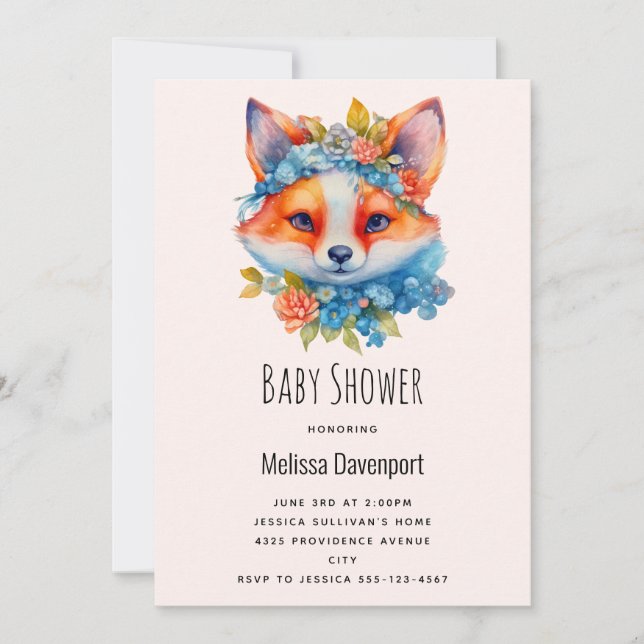 Cute Orange Fox with Floral Crown Baby Shower Invitation (Front)