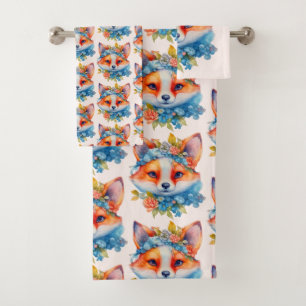 Cute Orange Fox with Floral Crown Bath Towel Set