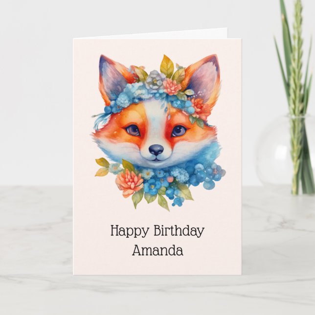 Cute Orange Fox with Floral Crown Birthday Card (Front)