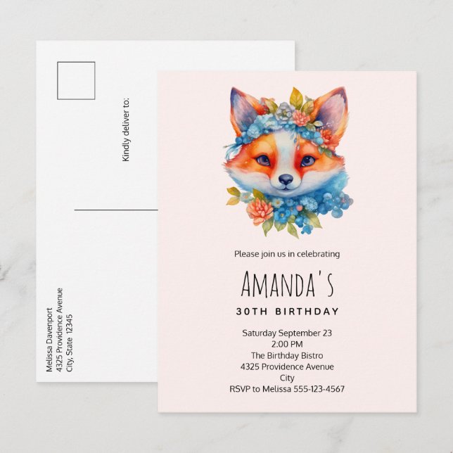 Cute Orange Fox with Floral Crown Birthday Invitation Postcard (Front/Back)