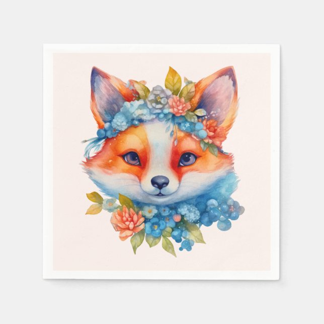 Cute Orange Fox with Floral Crown Birthday Napkin (Front)