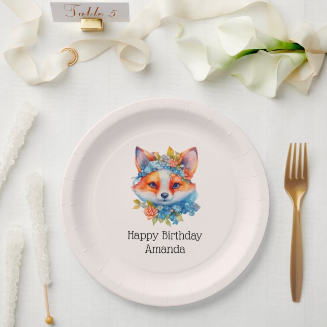 Cute Orange Fox with Floral Crown Birthday Paper Plate (Wedding)