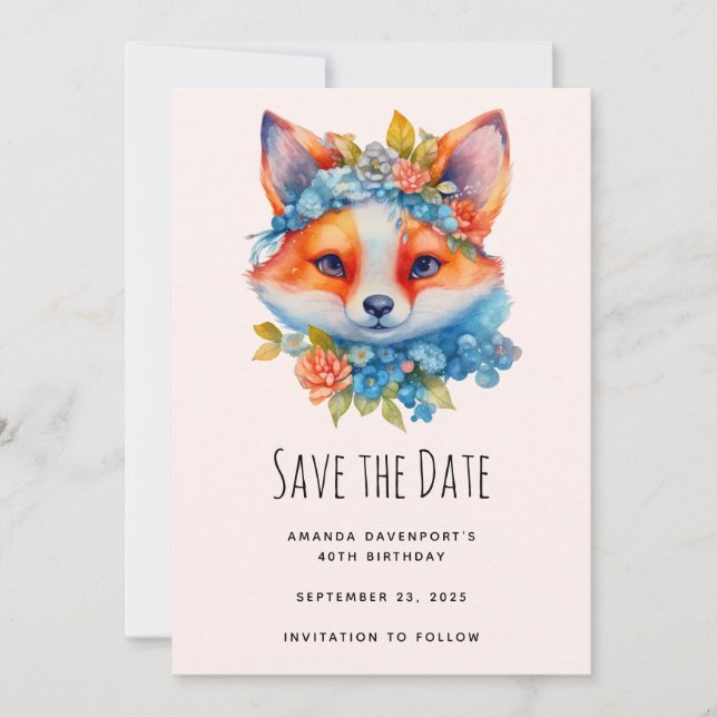Cute Orange Fox with Floral Crown Birthday Save The Date (Front)