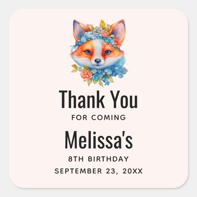 Cute Orange Fox with Floral Crown Birthday Square Sticker (Front)