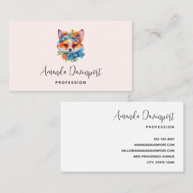 Cute Orange Fox with Floral Crown Business Card (Front/Back)