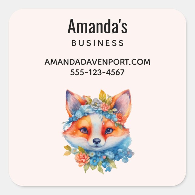 Cute Orange Fox with Floral Crown Business Square Sticker (Front)