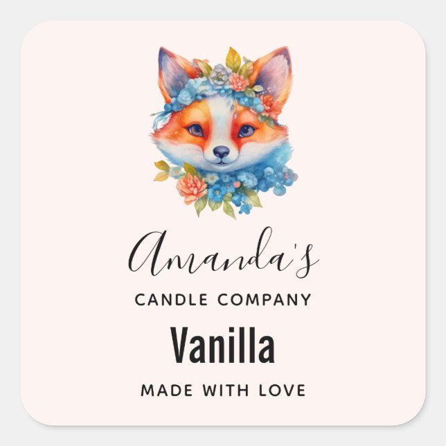 Cute Orange Fox with Floral Crown Candle Business Square Sticker (Front)