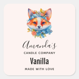 Cute Orange Fox with Floral Crown Candle Business Square Sticker