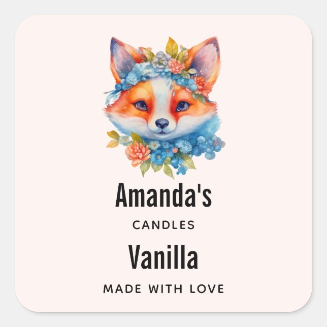Cute Orange Fox with Floral Crown Candle Business Square Sticker (Front)