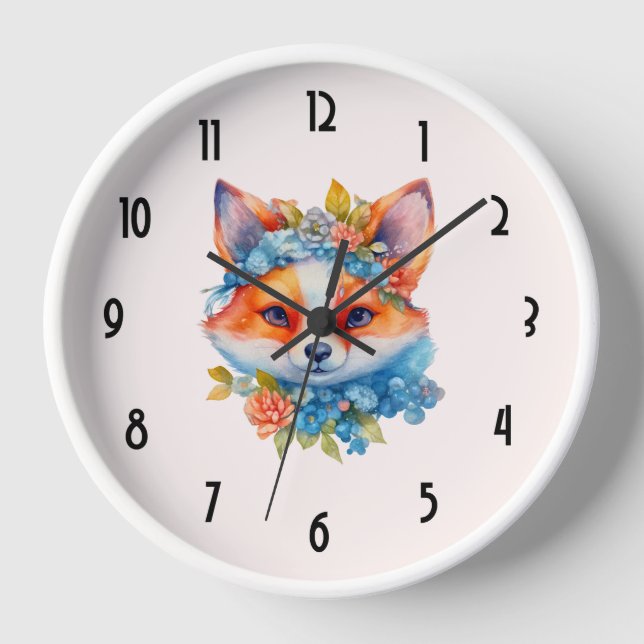 Cute Orange Fox with Floral Crown Clock (Front)