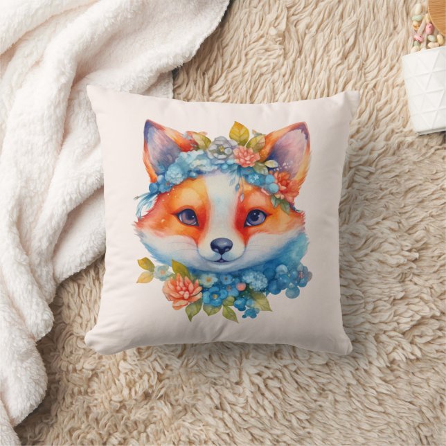 Cute Orange Fox with Floral Crown Cushion (Blanket)